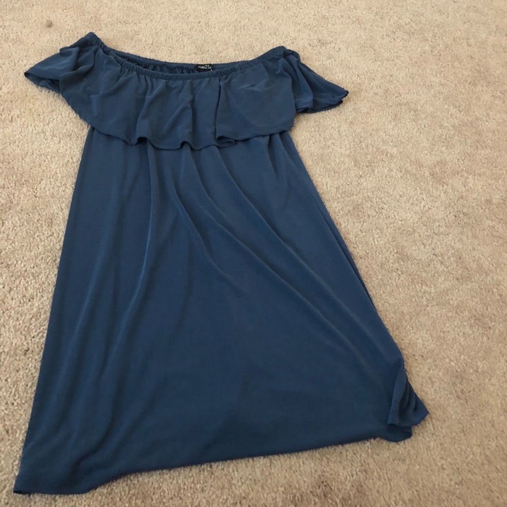 blue off the shoulder swing dress